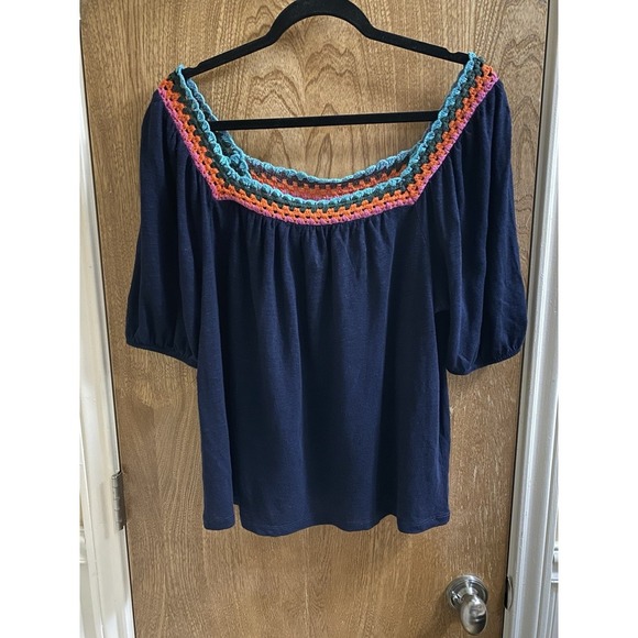 Boden Crochet Multicolor Square Neck Navy Linen Blouse Size 6 Flowy Puff Sleeve - Picture 1 of 14